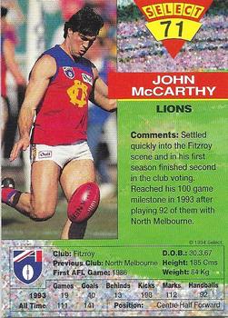 1994 Select AFL #71 John McCarthy Back